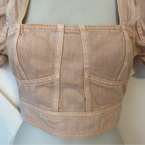 Ulla Johnson Renee Square Neck Denim Puff Sleeve Corset Cropped Top Pink Sz 0 - Picture 5 of 10